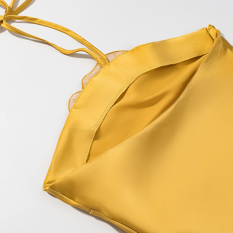 Halterneck Maxikleid mit Rüschenblume in Sonnengelb