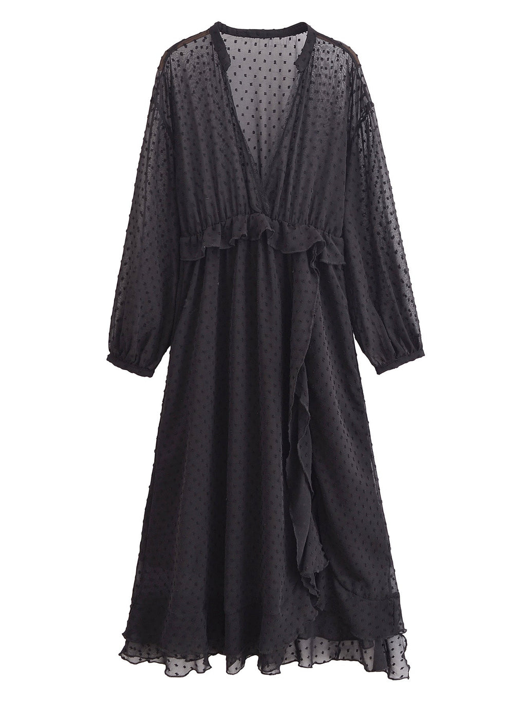 Transparentes Maxikleid aus Punkt-Tüll mit Rüschen in Schwarz