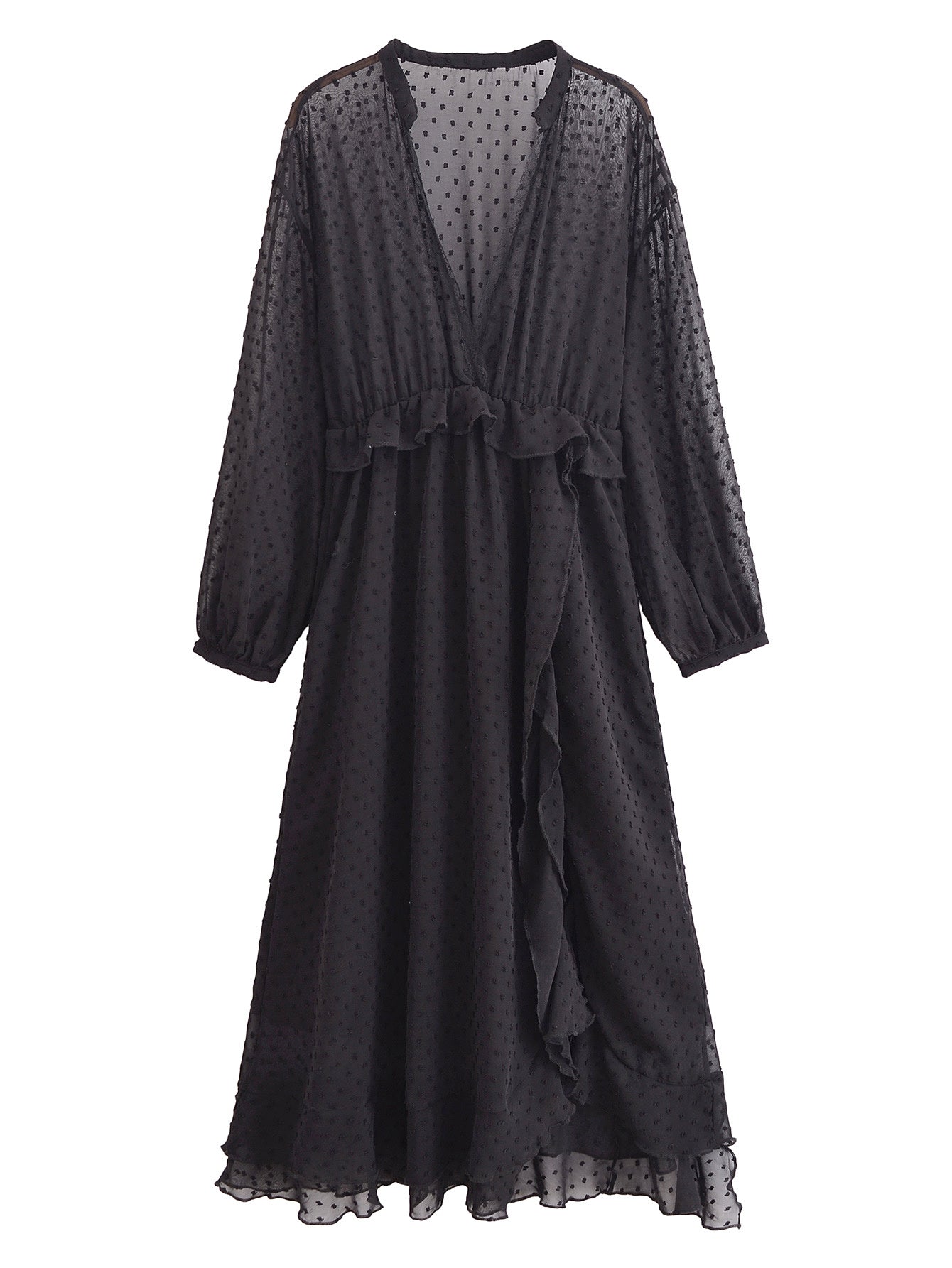 Transparentes Maxikleid aus Punkt-Tüll mit Rüschen in Schwarz