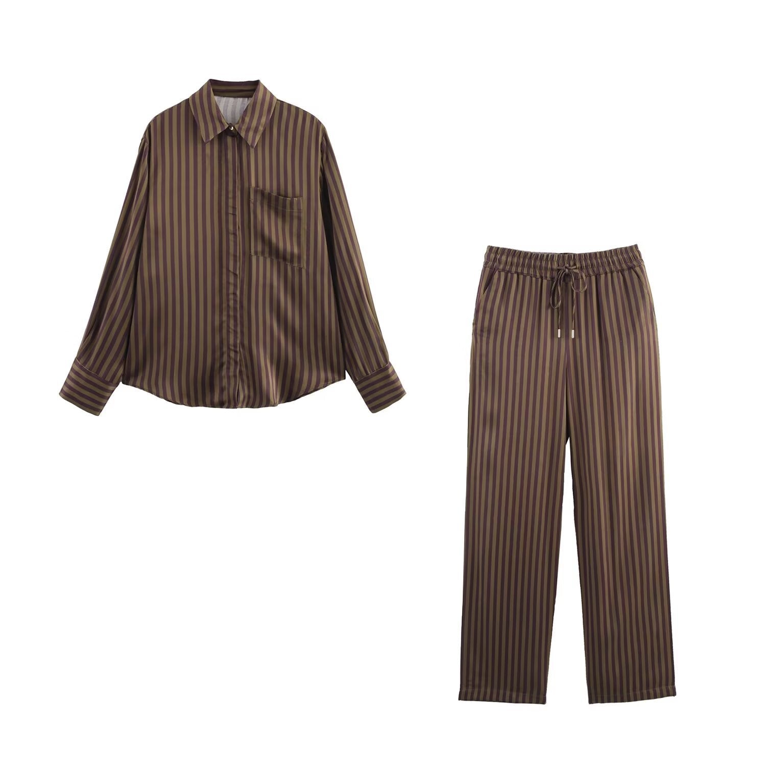 Gestreiftes Satin-Set in Schokoladen- und Olivtönen