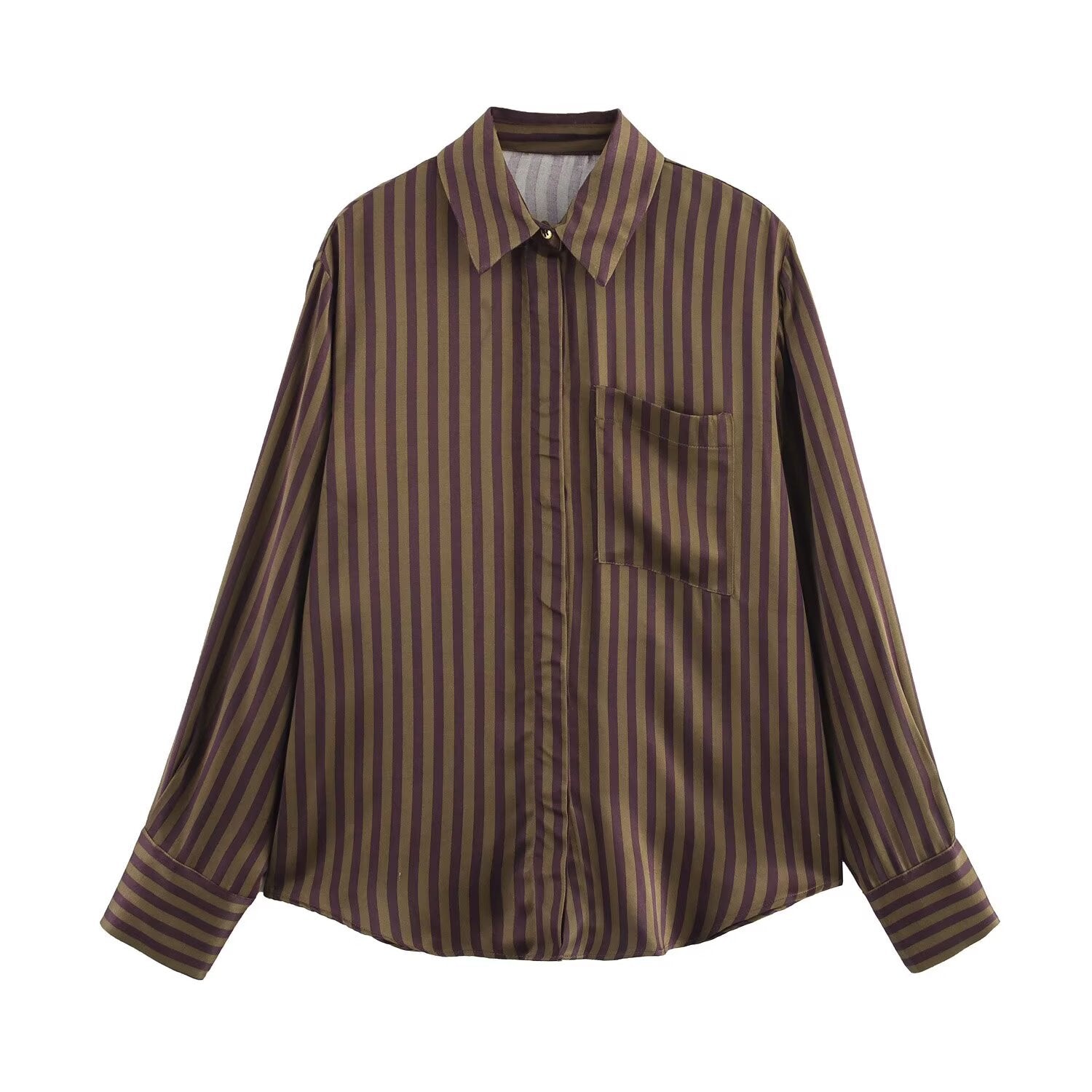 Gestreiftes Satin-Set in Schokoladen- und Olivtönen