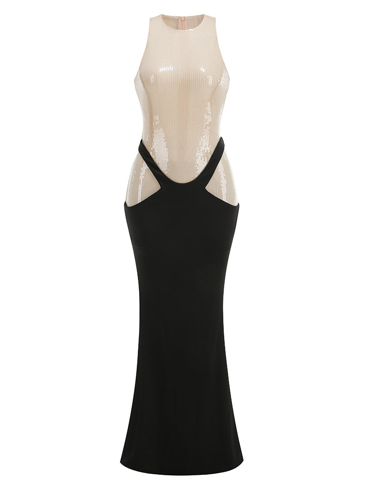 Abendkleid mit Pailletten-Top und Cut-Out-Detail