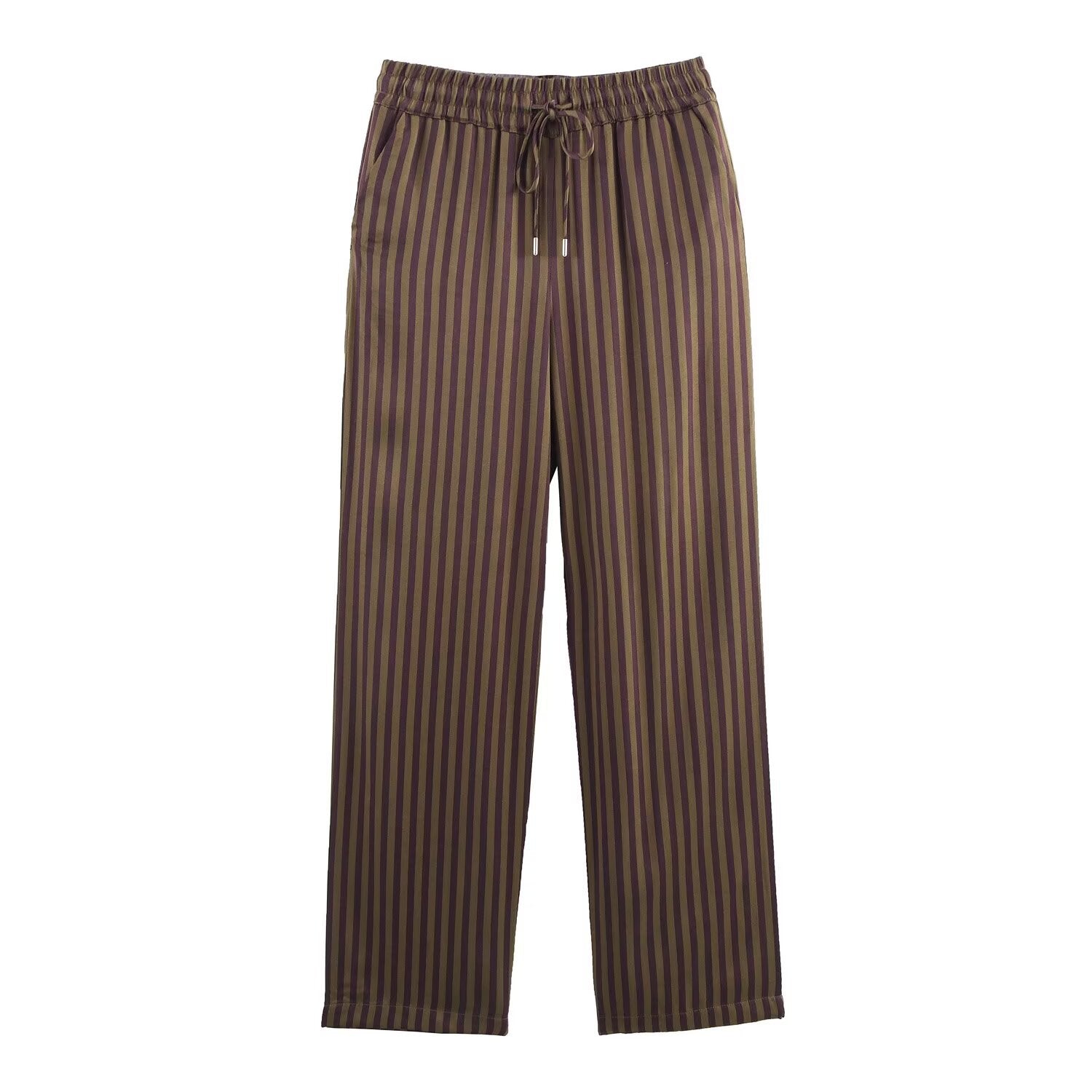 Gestreiftes Satin-Set in Schokoladen- und Olivtönen