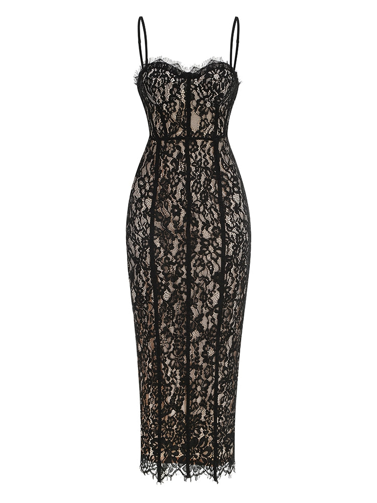 Schwarzes Spitzenkleid mit Corsagen-Silhouette