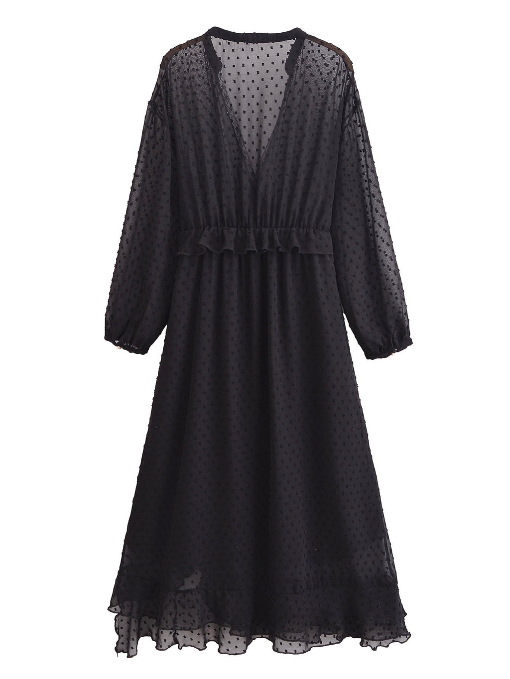 Transparentes Maxikleid aus Punkt-Tüll mit Rüschen in Schwarz