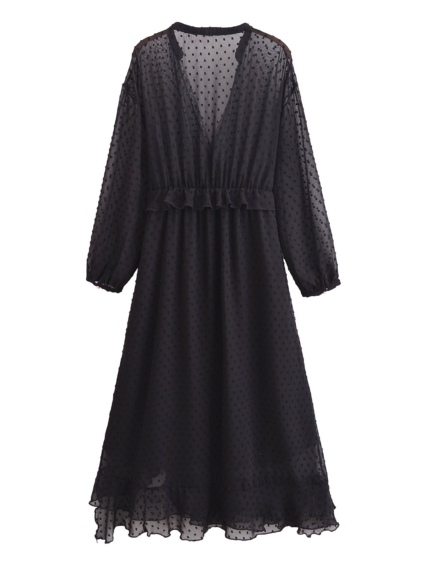 Transparentes Maxikleid aus Punkt-Tüll mit Rüschen in Schwarz