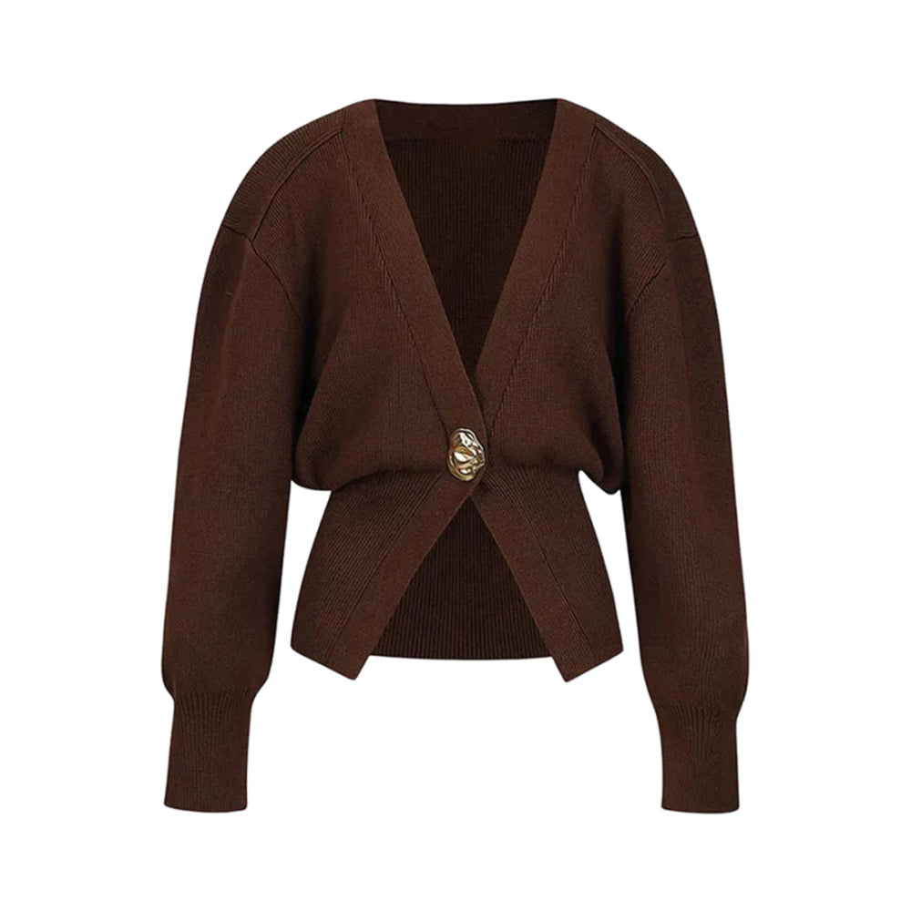 Feinstrick-Cardigan in Schokoladenbraun mit Statement-Knopf