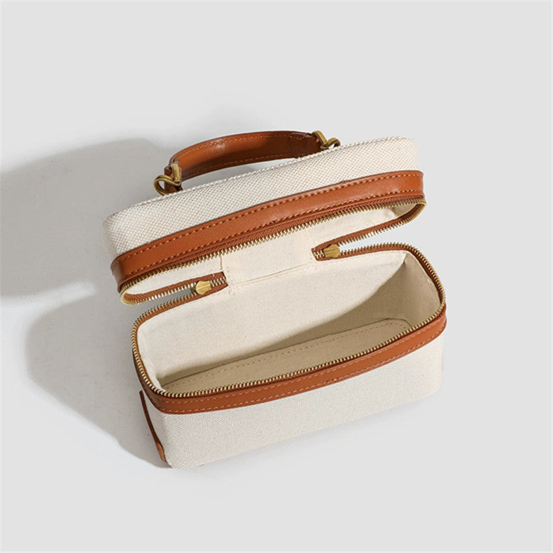 Canvas-Boxbag mit Lederdetails in Creme und Cognac