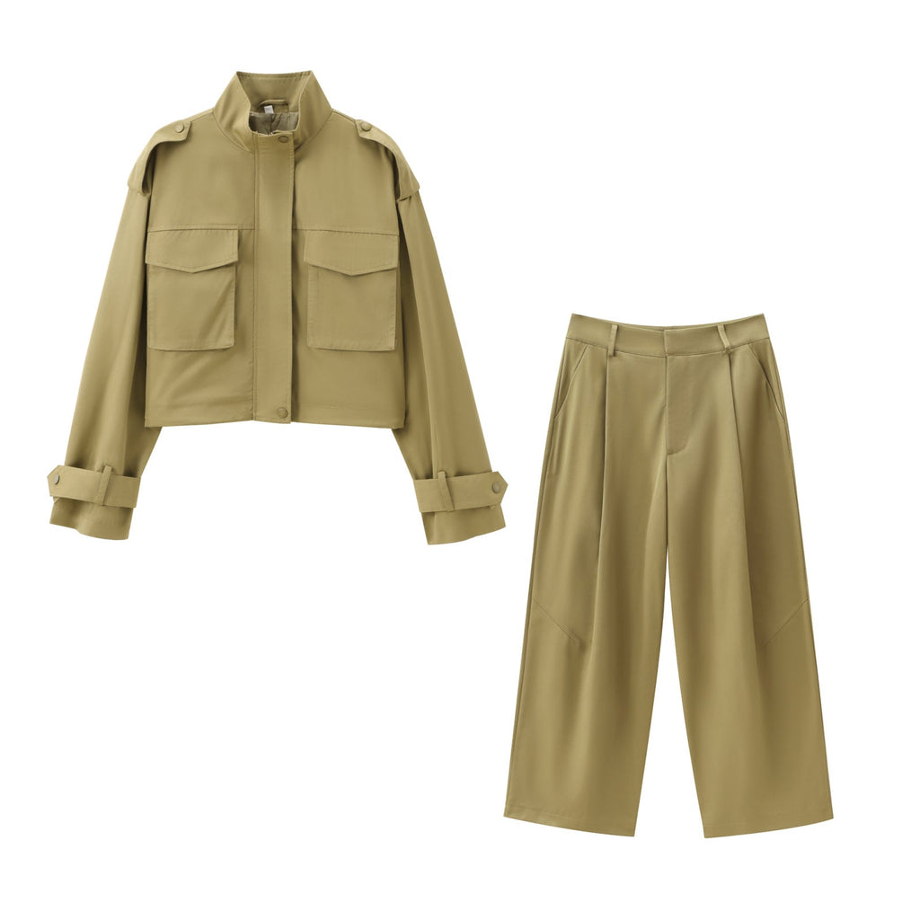 Zweiteiliges Set aus strukturiertem Stoff in Khaki-Beige