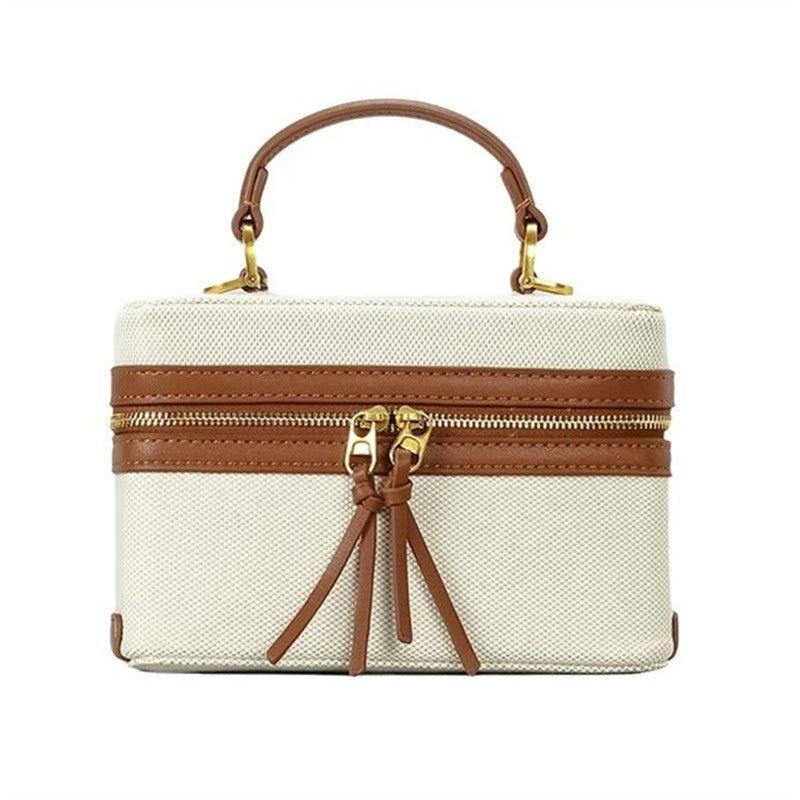 Canvas-Boxbag mit Lederdetails in Creme und Cognac